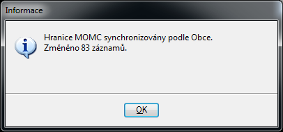 5. V případě, že vytváříme hranice městských částí v obci, pro které ještě nebyly definovány, použijeme tlačítko Synchronizovat hranice MOMC podle obce a příkaz potvrdíme.