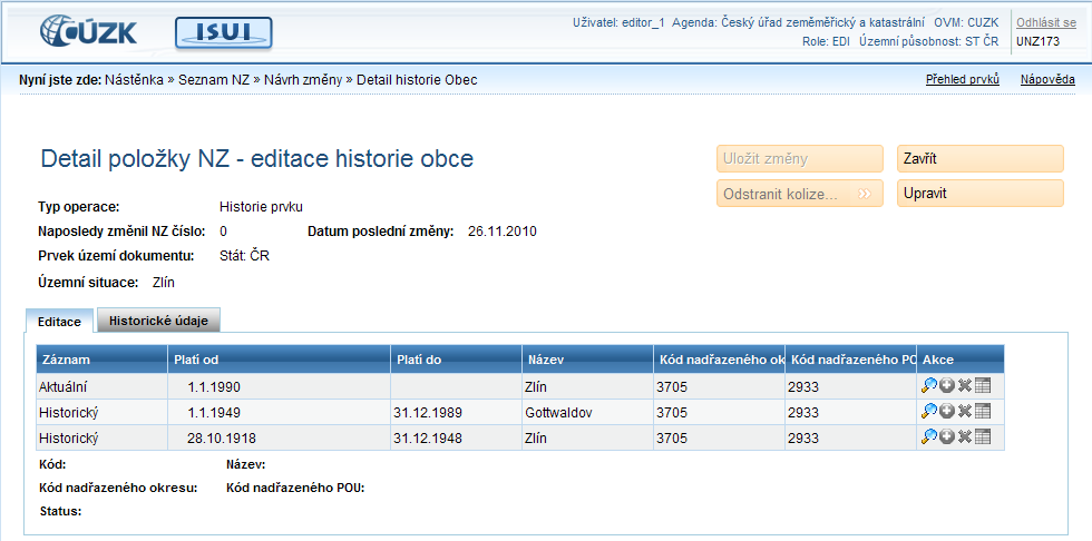 5.8.2. Historie prvku Po klepnutí na tlačítko Historie prvku se zobrazí seznam typů prvků, které může uživatel opravit.