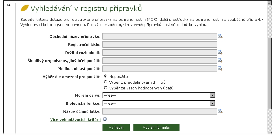 3. Stručný popis obrazovek Po spuštění aplikace se v okně internetového prohlížeče objeví úvodní obrazovka aplikace. Úvodní obrazovka aplikace Pokračujte výběrem požadované funkce v levém menu.