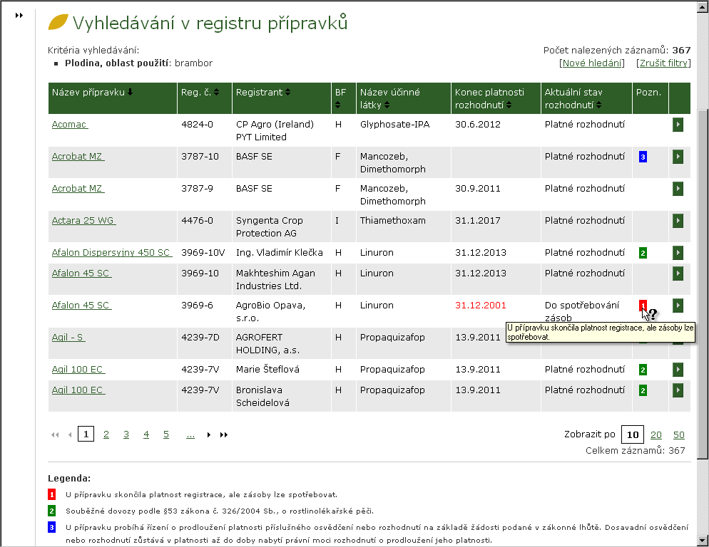 Návrat na vyhledávací formulář, který si pamatuje naposledy zadaná kritéria vyhledávání Seznam výsledků vyhledávání = seznam rozhodnutí k POR, která vyhovují všem kritériím dotazu a jejichž použití