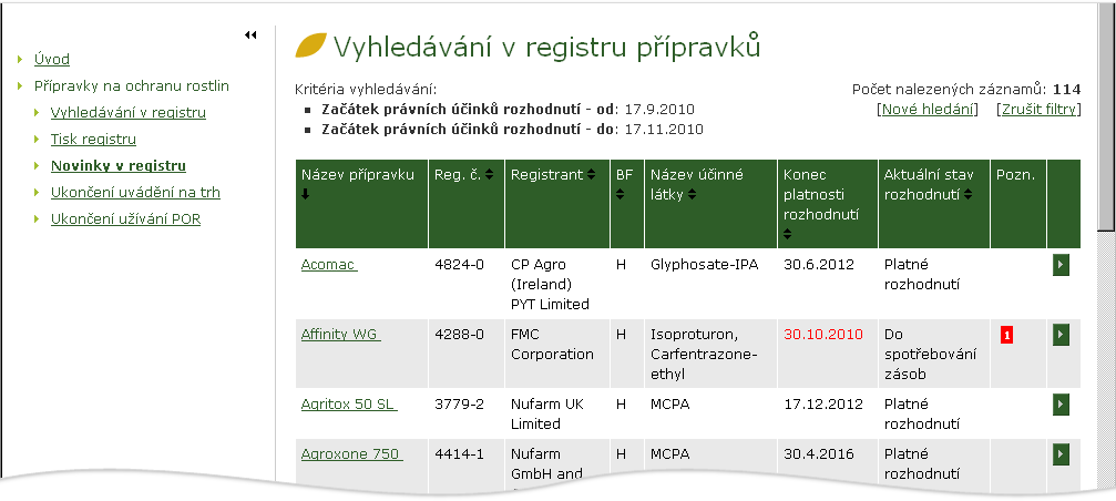 Pod nabídkou Tisk registru naleznete informace o možnosti objednat si tištěnou verzi seznamu registrovaných přípravků (ÚKZÚZ jej vydává formou Věstníku).