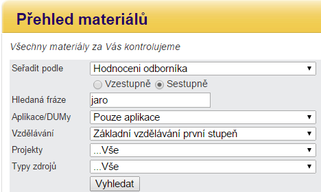 Materiály odpovídající hledanému slovu se objeví na stránce. Celkový počet nalezených materiálů určuje počet ve spodní části stránky.