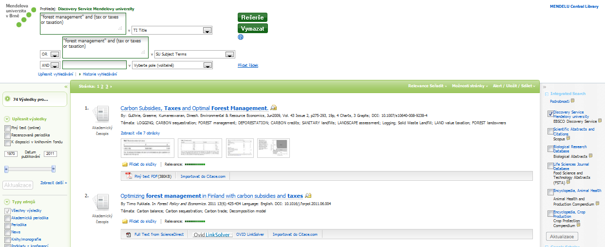 EBSCO DISCOVERY SERVICE (EDS) Profil: Title (název) obsahuje forest management" and (tax or taxes or