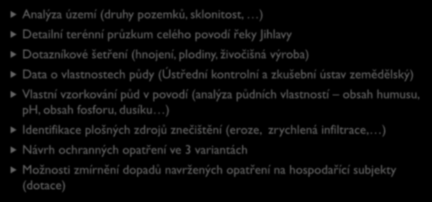 STUDIE OMEZENÍ PLOŠNÉHO ZEMĚDĚLSKÉHO ZNEČIŠTĚNÍ Analýza území (druhy pozemků, sklonitost, ) Detailní terénní průzkum celého povodí řeky