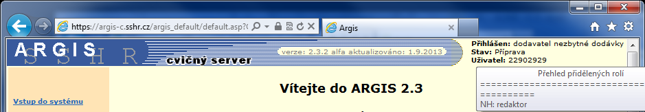 2.1.2 Přihlášení do cvičné verze ARGIS Uživatelům je prostřednictvím internetu umožněn přístup i do tzv. cvičné verze systému ARGIS.