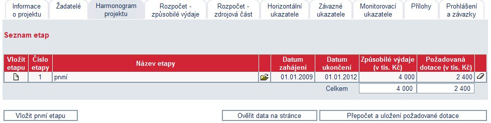 Žadatelé Záložka slouží k vyplnění údajů o hlavním žadateli i členech seskupení. Harmonogram projektu V PŽ je možné přidávat nové členy klastru, či odebrat již zadané členy v RŽ.