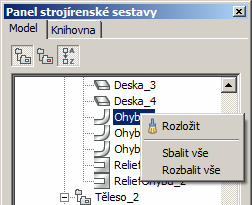 BricsCAD > Prvky plechového dílu Místní nabídka nad prvkem plechového dílu obsahuje položku Rozložit.