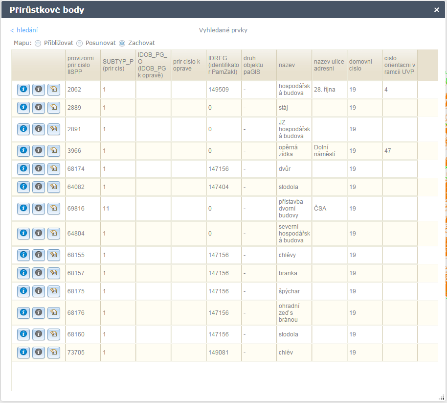 území Výběr dle atributů vyhledání přírůstkových bodů na základě parametrů zadaných do formuláře Vyhledané přírůstkové body se zobrazí v tabulce, kliknutím na záhlaví vybraného sloupce se jednotlivé
