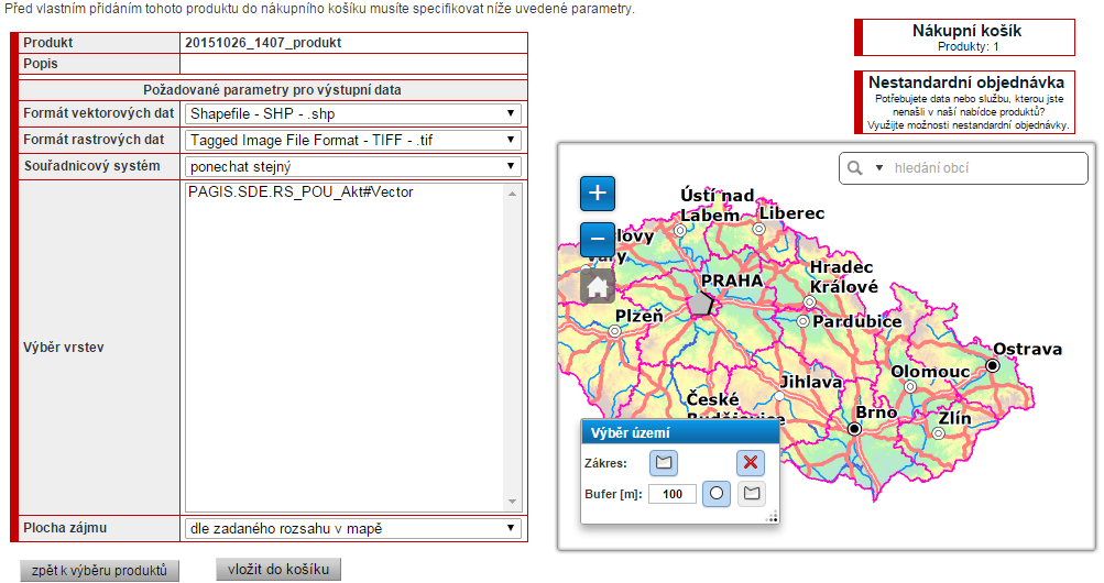 Vybrané produkty vložte do košíku, následně blíže specifikujte požadované parametry výstupních dat formát, souřadnicový systém a požadované vrstvy.