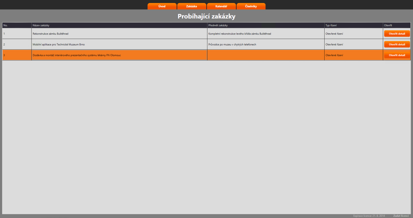 1.2 Probíhající zakázky Přehledu všech probíhajících zakázek naleznete v záložce Zakázka sekce Probíhající zakázky.
