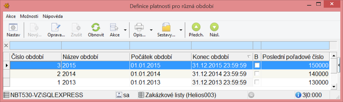 Založení období 2015 - umístění: Pomocné číselníky->období - pomocí tlačítka F2-Nový otevřete editační okno, které vyplníte následujícím způsobem (případná nepřítomnost zaškrtávátka Workflow není na