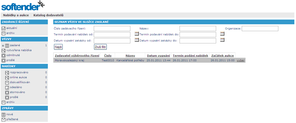 neregistrovaného dodavatele platí postup uvedený v kapitole Registrace, registrovaný dodavatel má již v aplikaci připravenou výzvu.