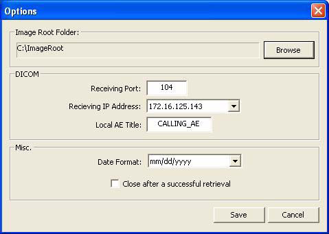 GENDEX 2. Dvakrát klikněte na RSQM.exe. Zobrazí se modul pro žádosti a získávání dat DICOM Query/Retrieve 3. Klikněte na Options. 4.