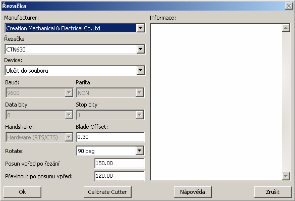 Dialog řezačka Tento dialog nastavuje komunikační parametry pro připojenou řezačku.