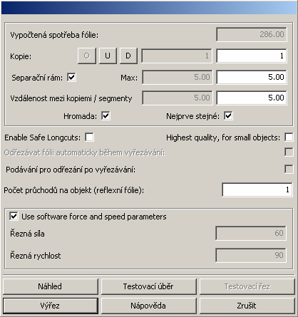 Dialog pro výřez Vypočtená spotřeba folie software SC-X2 vypočítá spotřebu folie.