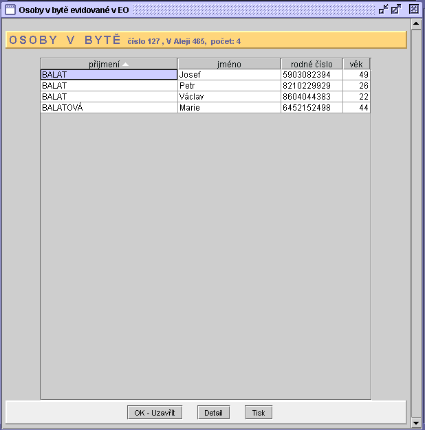 69 3. Okno uzavřete tlačítkem Ok-uzavřít, velkou kartu zvoleného obyvatele zobrazíte tlačítkem Detail a seznam osob v bytě vytisknete tlačítkem Tisk. 4.