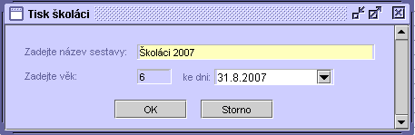 78 Dle věku k datu Po zvolení tisku "dle věku k datu" se zobrazí okno pro nastavení tiskové sestavy. 1. Zadejte název sestavy, věk obyvatel a datum, ke kterému se má věk vztahovat. 2.