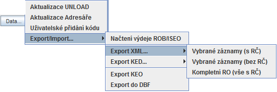 96 Menu Export/Import je aktivní jen pro uživatele s přístupovým právem Import/export dat reg. obyvatel". Menu Import KEO je aktivní pouze pro uživatele s přístupovým právem Import/export dat reg.