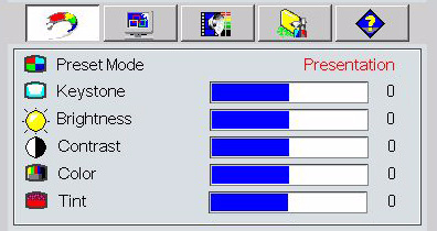 Používání menu Tento projektor je vybaven obrazovkovými menu na projekčním plátně (OSD), umožňujícími různá seřízení a nastavení. Následující příklad popisuje nastavení lichoběžníkové korekce. 1.