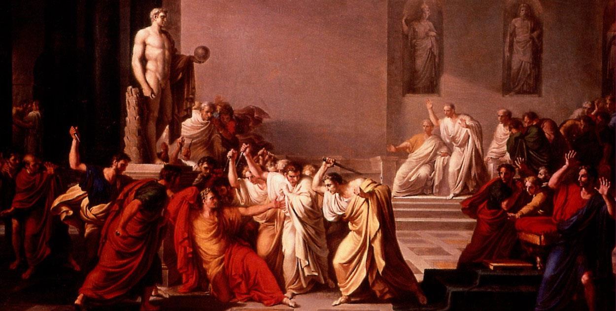 Smrt Caesara 10) Plátno znázorňující vraždu Gaia Iulia Caesara dle