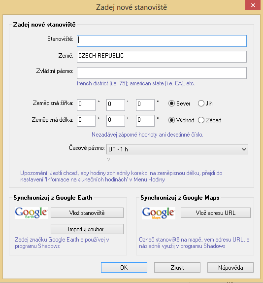 Geografické souřadnice můžete zadávat s přesností až 1 obloukové sekundy. Časové pásmo je velmi důležité.