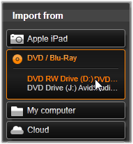 Import z disků DVD nebo Blu-ray Importér může importovat data obrazu a zvuku z disků DVD a BD (Blu-ray). Začněte tím, že vložíte zdrojový disk do jednotky a vyberete ho na panelu Import z v importéru.