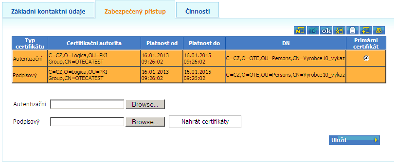 Slouží pro vložení veřejného klíče certifikátu. Je možno každé osobě přiřadit až 4 páry (přístupový+podpisový, které jsou ve většině případů shodné) certifikáty. Běžně se používá jeden pár.