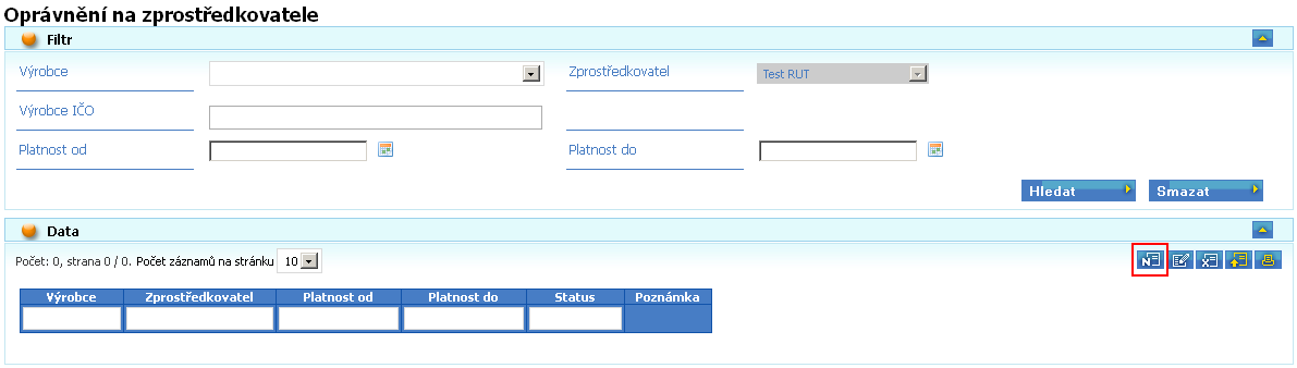 Na další obrazovce klikněte na tlačítko Nové Následně se otevře formulář, ve kterém je potřeba vyplnit počáteční a konečné datum platnosti oprávnění pro zprostředkovatele, identifikaci výrobce a