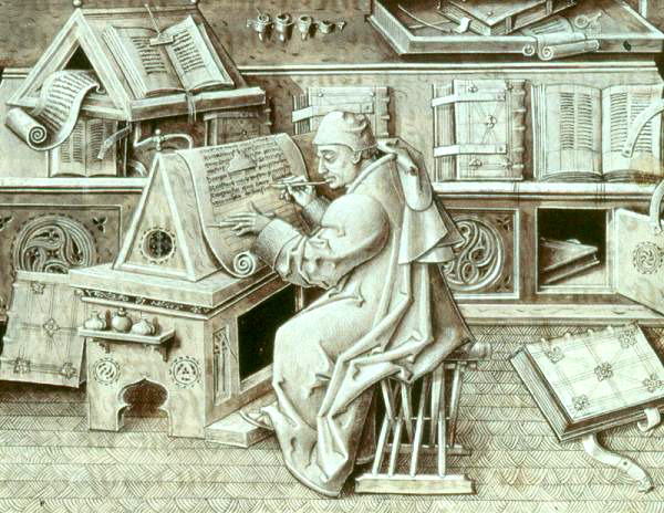 Obrázek 0-2 Libri catenati Knihy mniši opisovali ve skriptoriích. Osamocenost klášterního života a dostatek času umožnil mnichům, aby rukopisy krasopisně opisovali a zdobili.