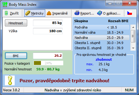 Popis Body Mass Index je jednoduchá aplikace, která umožňuje vypočítat index tělesné hmoty BMI (Body Mass Index), kterým se určuje stupeň obezity či naopak podváhy.