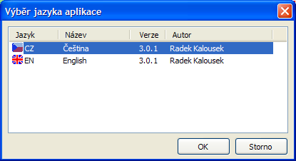 Přepnutí jazyka aplikace a vytváření nových jazykových souborů V základní instalaci aplikace jsou k dispozici dva jazykové soubory: čeština a angličtina.