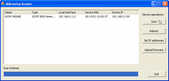 2.1. První konfigurace - Připojte GIOM3000 do switche s POE nebo pomocí POE adaptéru. - Spusťte aplikaci M locator pro nalezení zařízení.