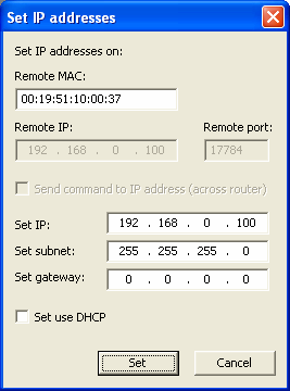 IP adresu změníme kliknutím na řádek nalezeného zařízení a na tlačítko SET IP