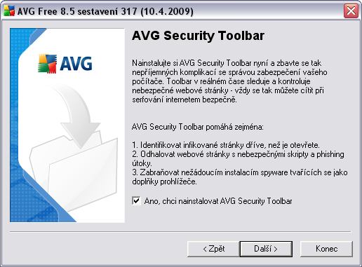 3.10.AVG Security Toolbar V dialogu AVG Security Toolbar rozhodněte, zda si v rámci AVG 8.