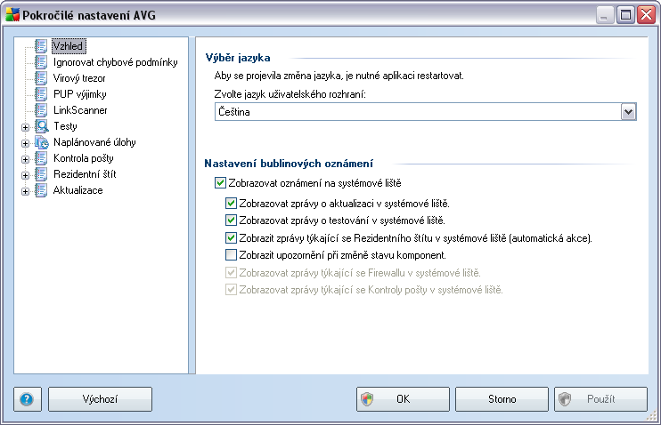 8. Pokročilé nastavení AVG Dialog pro pokročilou editaci nastaveni programu AVG 8.5 Free se otevírá v novém okně Pokročilé nastavení AVG.