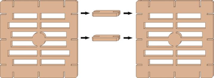 V závislosti na zvolené výšce podlážky můžete spojky vložit do středního a horního či dolního a horního otvoru, a tím spojit vždy dvě bočnice k sobě, přičemž pro