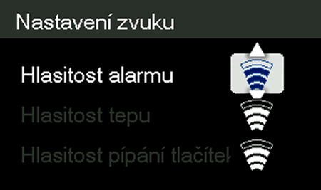 Příklad: Hlasitost alarmu Postup změny hlasitosti alarmu: 1. Označte možnost Hlasitost alarmu a stiskněte tlačítko OK. 2. Stisknutím tlačítka se šipkou nahoru nebo dolů vyberte požadovanou hlasitost.