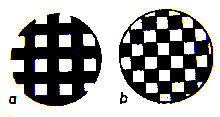 Reprodukce tónových předloh jednobarevných Autotypické sítě Obrázek: a) distanční sítě; b) kontaktní sítě hustota sítě je vyjádřena