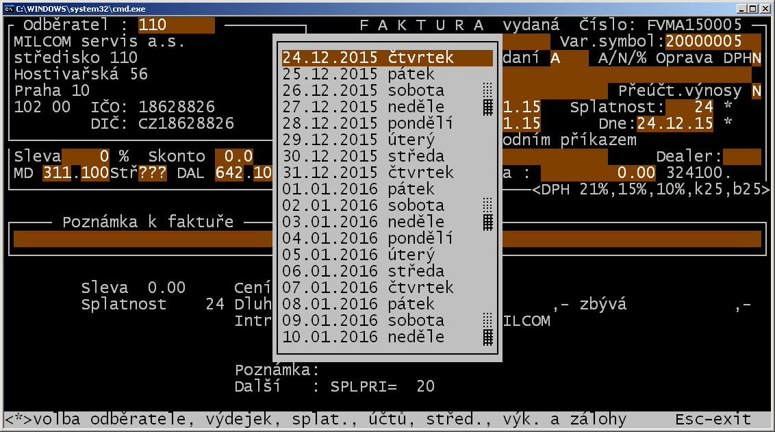 Novinky ve fakturaci: V parametrech lze nastavit: Lze nastavit Splatnost FV datem A Potom se pole splatnost přeskočí a zobrazí se Dne: Pokud je Splatnost FV datem N, kurzor se