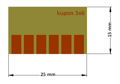 Cu destičky Jako testovací destičky byly zvoleny Cu kupony, kde na každém kuponu je 6 měděných pájecích plošek o rozměrech 3x6 mm (Obr 3.2). Obr. 3.2 měděný kupon 3x6 Tavidlo: 8F5E-P vzorek č.