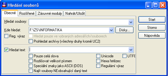 Vyhledávání souborů Dialogové okno pro vyhledávání najdeme v menu Příkazy >> Vyhledat (v angl.verzi Command >>Search). Do dialogu Hledat soubory zadáme aspoň část jména hledaného souboru.