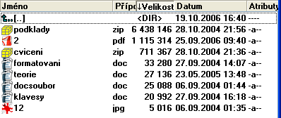 Zobrazení seznamu souborů podle určitého kritéria Soubory si mohu srovnat podle jména, přípony (typu souboru), velikosti nebo data vytvoření a to buď vzestupně nebo sestupně.