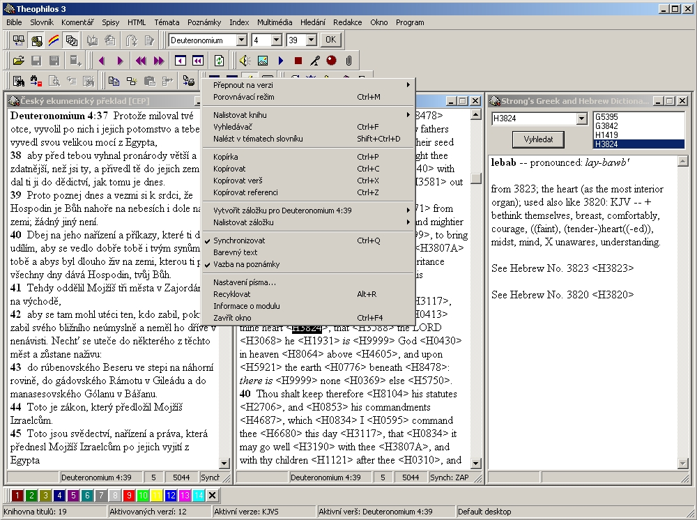 Do programu Theophilos si můžete stáhnout a nainstalovat např. i Strongův řecko-anglický a hebrejsko-anglický biblický slovník, který využijete u překladů s uvedenými tzv. Strongovými čísly.