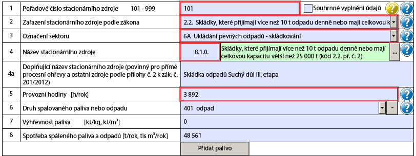 T05_k03 Test T05_03 naznačuje neočekávané vyplnění údaje o spalovaném palivu v položkách 6 8.