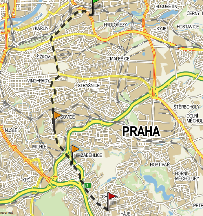 Obrázek 24 - Mapa trasy "K Žižkovu Türkova/Litochlebské náměstí (zdroj: 29, úprava autor) Autor této práce zaokrouhlil časy v Tabulce 8 na půl minuty.