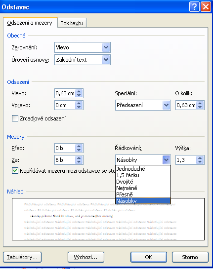 Odstavec vše, co je na začátku a na konci odděleno klávesou Enter píšeme-li souvislý text, nikdy neukončujeme řádek klávesou Enter Formát Odstavec záložka Odsazení a mezery - zarovnání vlevo, na