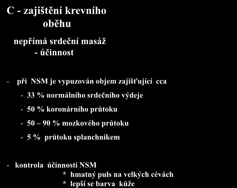 - kontrola účinnosti NSM * hmatný puls na velkých cévách * lepší se barva