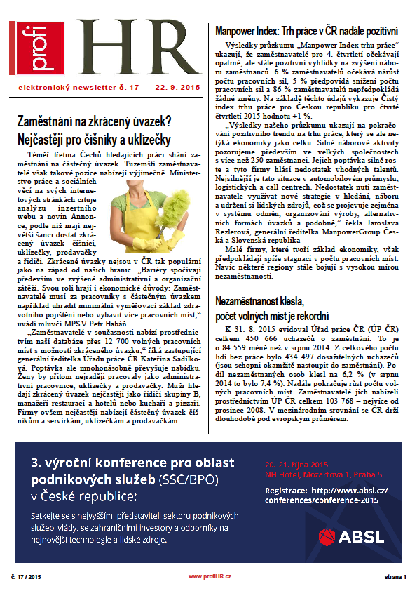 Profi HR news elektronický newsletter, který přináší průběžně aktuální informace o dění v oboru součást předplatitelského servisu Profi HR distribuce on-line v pdf formátu periodicita 1 x za 14 d ní