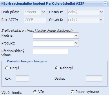 Návrh racionáln lního hnojení VÚZT Praha Zadání parametrů Formulář obsahuje informace o vybraném půdním bloku, obsahu P a K.