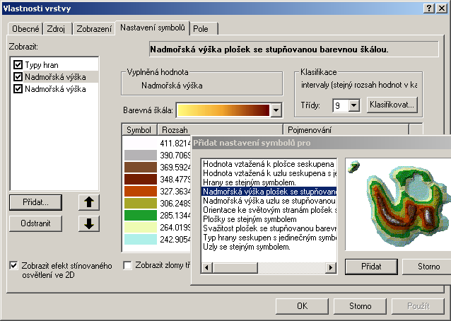 a určete, kde jsou svahy nejprudší přidejte další typy zobrazení a nastavte k nim parametry dle vlastního uvážení (při zajímavém výsledku exportujte mapu a uložte jej na disk N:\dmt\cviceni2\snimky\